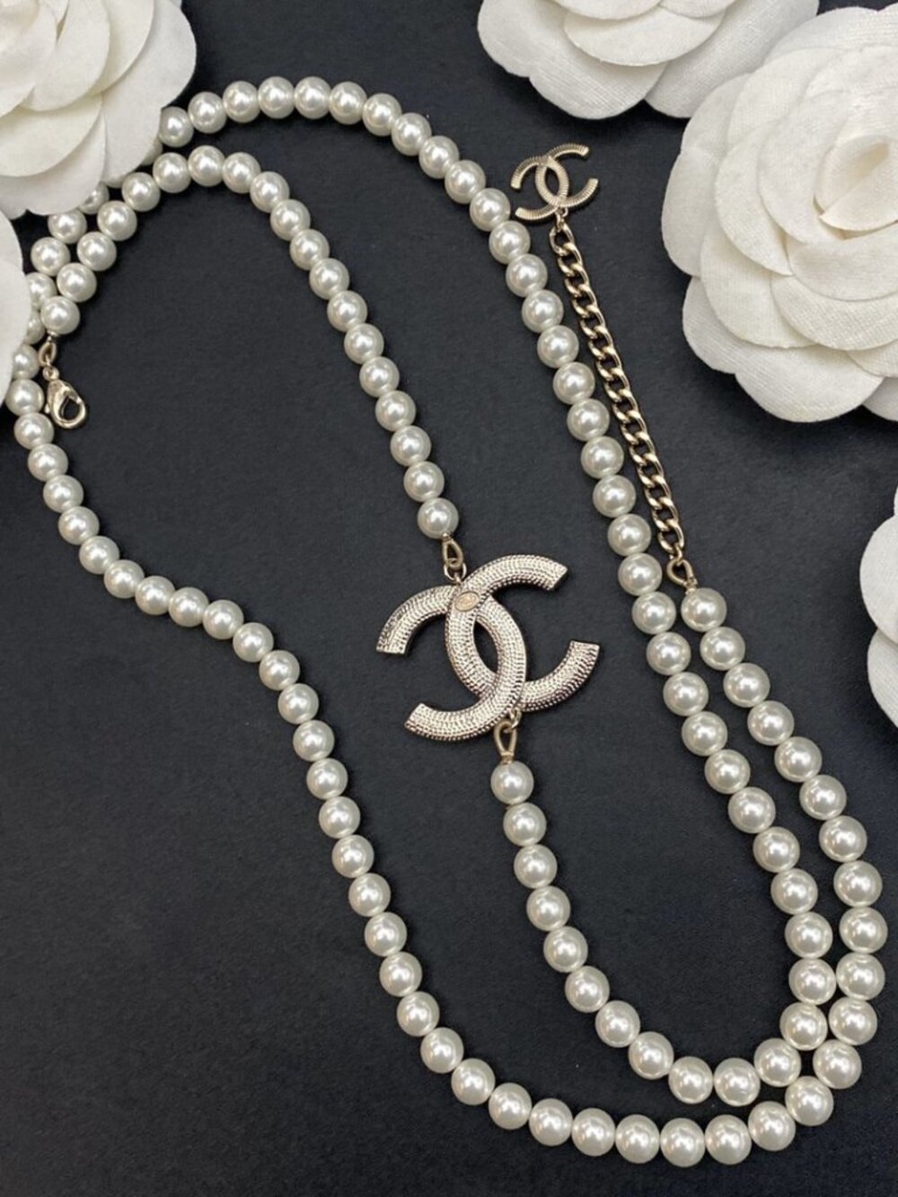 Chanel Graduated Pearl Strand Necklace Textured Gold CC Pendant Adjustable Chain